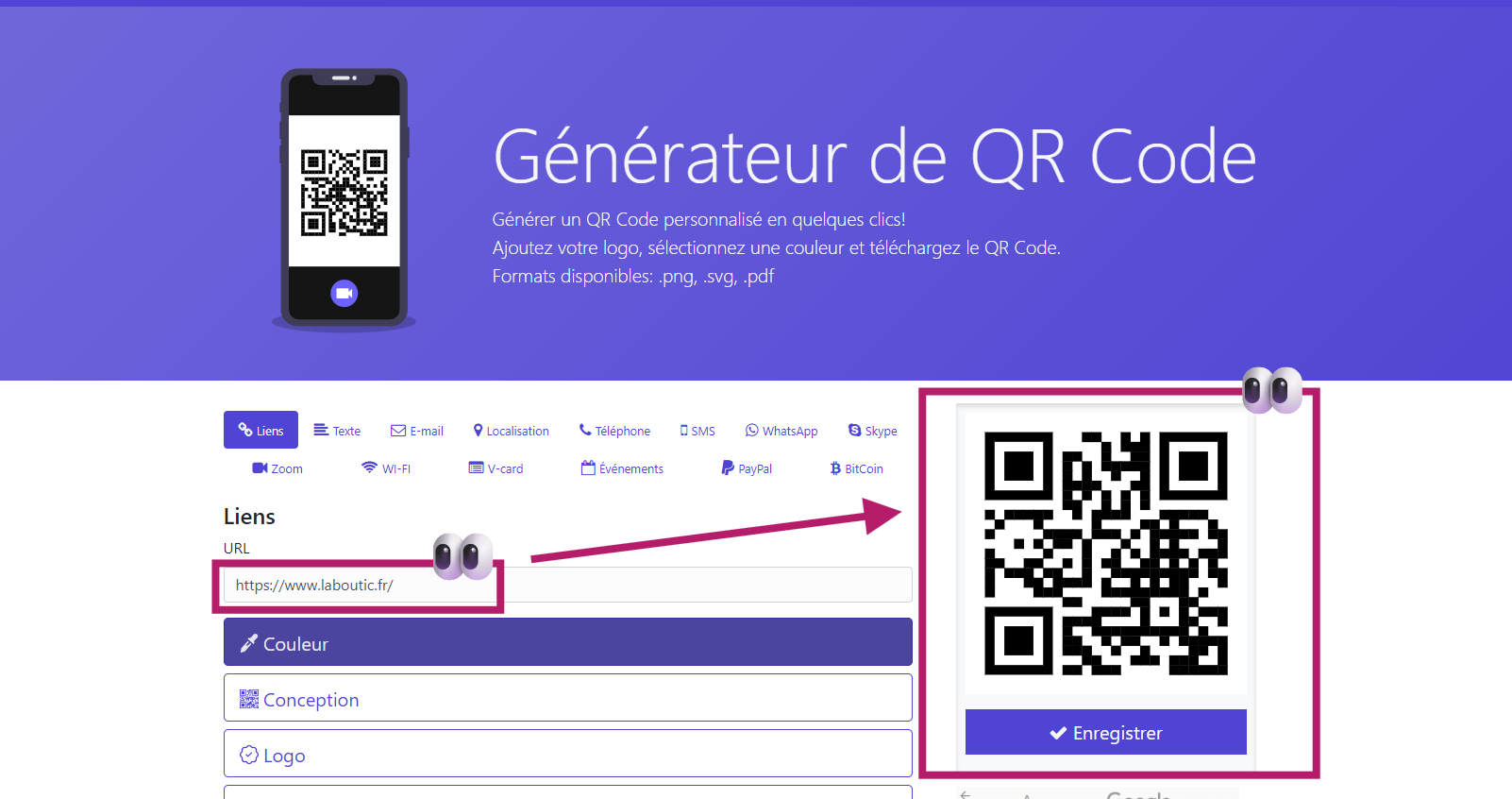 exemple coller l'url pour créer un qr code